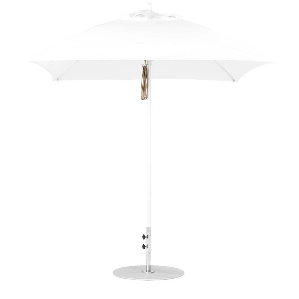 The Ledge Lounger Essential Fiberglass Umbrella - 7.5 Square Pulley boasts a sleek, modern design with marine-grade fabrics, a straight pole, and circular metallic base. Its visible handle below the canopy ensures durability and style for any outdoor setting.
