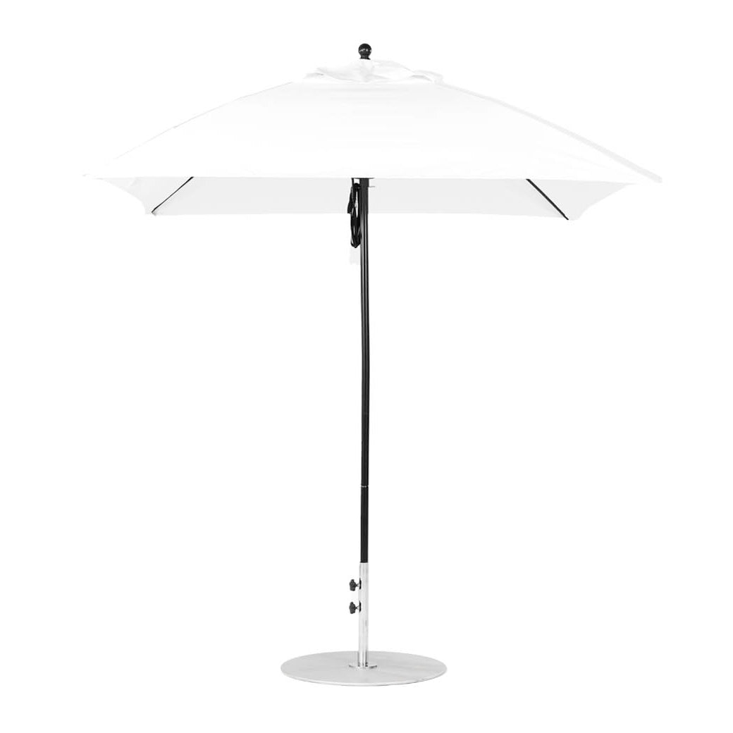 The Ledge Lounger Essential Fiberglass Umbrella, featuring a 7.5’ square pulley design, presents a sleek modern look with a marine-grade fabric canopy on a black pole and round silver base.