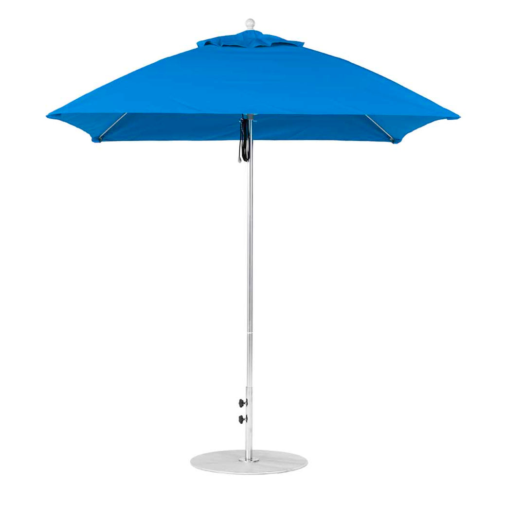 The Ledge Lounger Essential Fiberglass Umbrella - 7.5 Square Pulley has marine-grade fabric, a silver metal pole, and a flat circular base, ensuring durability in harsh conditions.