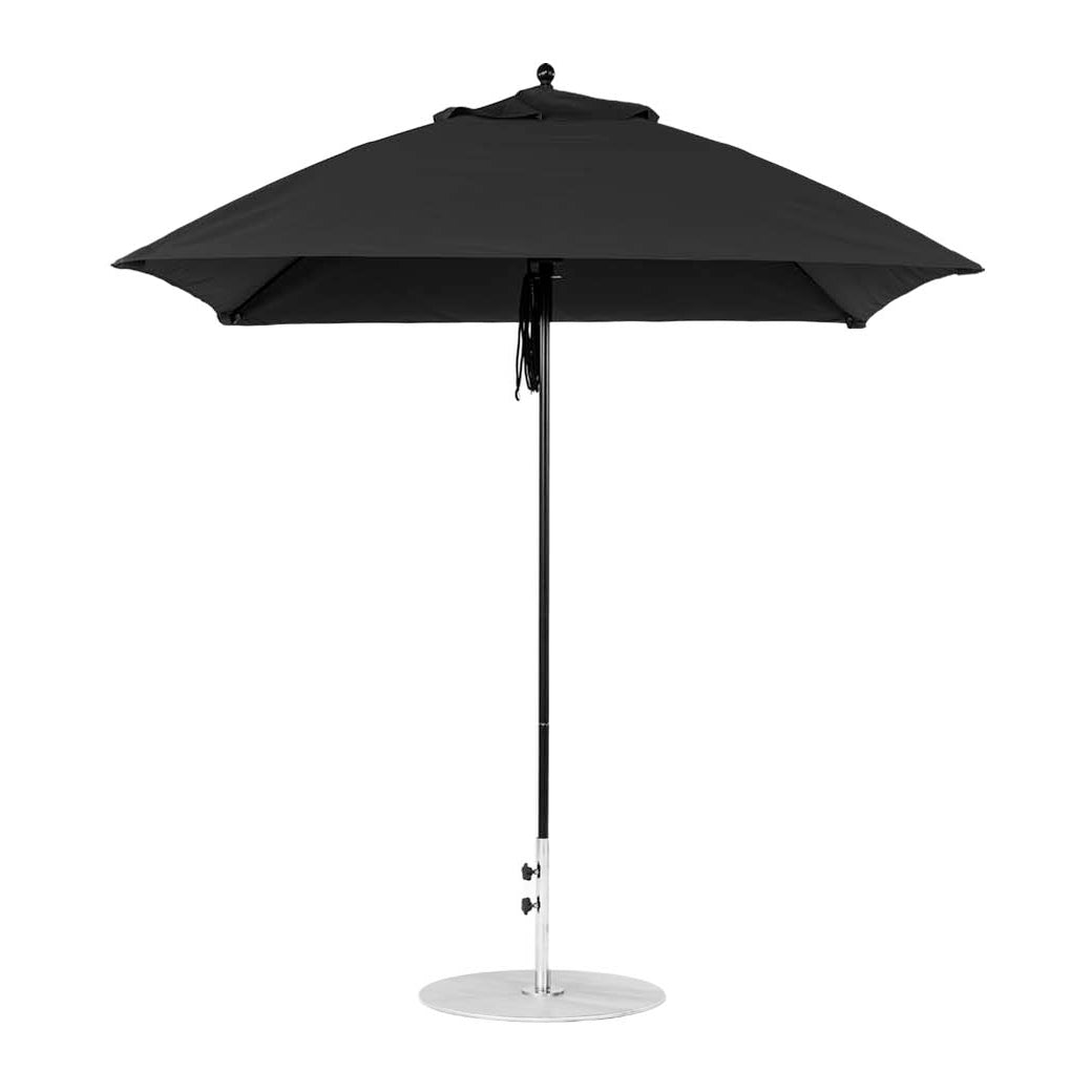 The Ledge Lounger Essential Fiberglass Umbrella features a sleek black design with a 7.5 square canopy made from marine-grade fabric and a slim metal pole on a circular base, opened against a plain white backdrop for durability and style.