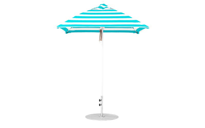 The Essential Fiberglass Umbrella - 6.5 Square Pulley by Ledge Lounger boasts striped turquoise and white marine-grade fabrics, a pointed top, and a flat, circular base with an aluminum center pole for enhanced durability.