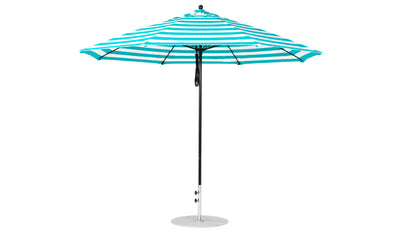 The Ledge Lounger Essential Fiberglass Umbrella - 11 Octagon Pulley features a blue and white striped canopy, crafted with marine-grade fabrics. The central black pole and round silver base support the wide, durable frame against a plain white background.