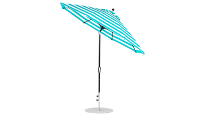 The Ledge Loungers Essential Fiberglass Umbrella - 9 Octagon Crank Auto Tilt features a turquoise and white striped canopy. It boasts a durable long black pole and round silver base made of marine-grade materials, promising both style and resilience against a plain white backdrop.