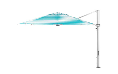 The Ultra Cantilever Umbrella - 13 Octagon by Ledge Lounger is a turquoise and white striped cantilever patio umbrella with a silver stand, ideal for your patio. It features a sturdy arm from its vertical pole, and you can add an optional rechargeable umbrella light to enhance outdoor evenings.
