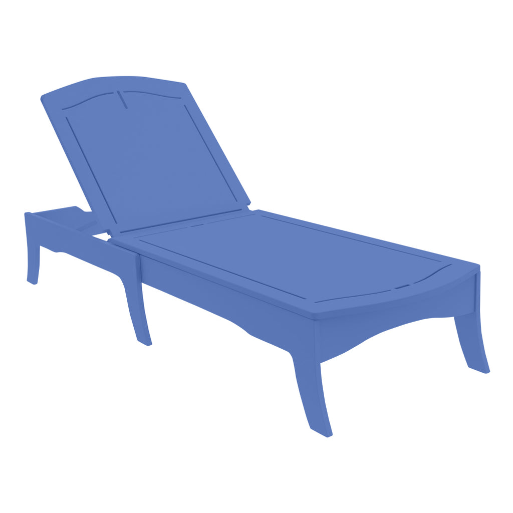 A royal blue chaise lounge with adjustable backrest.