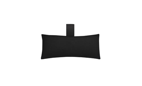 The Autograph Headrest Pillow by Ledge Lounger, in black with a top loop strap, is centrally positioned against a white background. Made from marine-grade fabric, it remains plush and durable for in-pool relaxation.