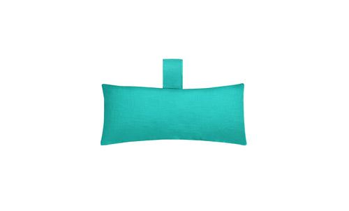 The Ledge Lounger Autograph Headrest Pillow is a rectangular turquoise cushion made from marine-grade fabric, featuring a short matching strap at the top center. Its perfect for in-pool relaxation or as a stylish headrest pillow for serene water lounging, set against a white background.