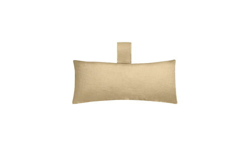 The Autograph Headrest Pillow by Ledge Lounger is a rectangular beige pillow made from marine-grade fabric for durability. It features a looped strap at the top center, providing a smooth texture ideal for in-pool relaxation or easy hanging storage.