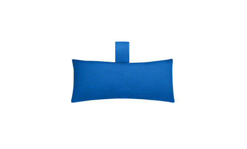 The Autograph Headrest Pillow by Ledge Lounger is a rectangular blue cushion made of marine-grade fabric, featuring a matching blue loop at the top center. Durable and ideal for in-pool relaxation, it elegantly contrasts against a plain white background.