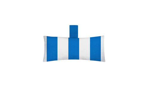 The Autograph Headrest Pillow by Ledge Lounger, crafted from marine-grade fabric, features bold blue and white vertical stripes. It includes a matching blue strap for in-pool relaxation and stands out against a plain white background.