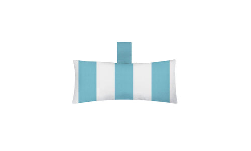 The Autograph Headrest Pillow by Ledge Lounger is rectangular with light blue and white vertical stripes. Made from marine-grade fabric, it features a matching light blue hanging loop. Ideal for in-pool relaxation, its simple elegance enhances any white background.