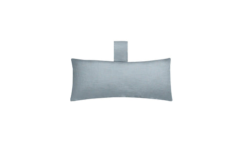 The Autograph Headrest Pillow by Ledge Lounger is a rectangular, light blue pillow made from marine-grade fabric. It includes a matching loop for hanging and features a smooth, plain texture designed to enhance comfort during in-pool relaxation against a white background.