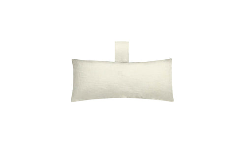 The Autograph Headrest Pillow by Ledge Lounger, in beige and featuring a short fabric loop at the top, is displayed against a plain white background.