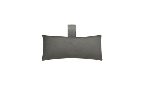 The Autograph Headrest Pillow by Ledge Lounger is a rectangular gray marine-grade fabric cushion with a matching strap at the top, set on a white background.