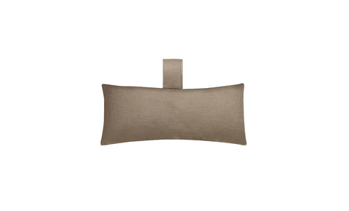 The Autograph Headrest Pillow by Ledge Lounger is a rectangular olive green lumbar cushion made of marine-grade fabric, featuring a looped strap at the top center, providing durability and style against a plain white backdrop.