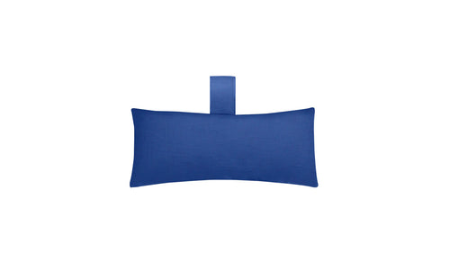 The Ledge Lounger Autograph Headrest Pillow is a rectangular blue cushion made from marine-grade fabric. It has a central loop for easy handling and offers a smooth texture, perfect for in-pool relaxation or as a headrest against a white backdrop.