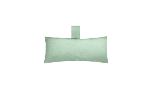 The Autograph Headrest Pillow by Ledge Lounger is a light green, rectangular pillow made from marine-grade fabric. It features a small matching loop at the top-center, ideal for in-pool relaxation. Durability and comfort are assured.