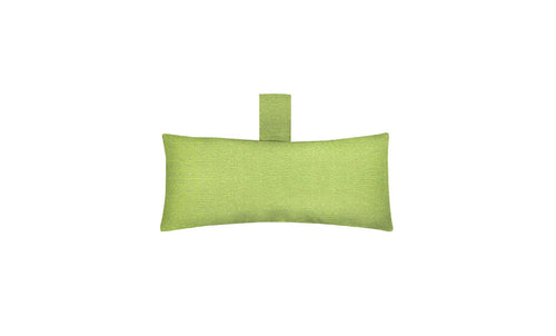 The Autograph Headrest Pillow by Ledge Lounger, featured in green with a central loop and discreet striped texture, is displayed on a plain white backdrop. Note: Final Sale item.