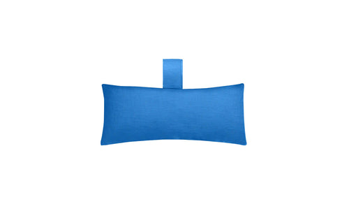 The Ledge Lounger Autograph Headrest Pillow is a blue, rectangular headrest made from marine-grade fabric with a short strap at the top center. Perfect for in-pool relaxation, it stands out against a plain white background.