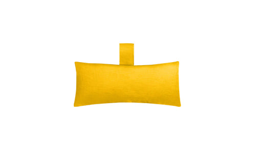 The Autograph Headrest Pillow by Ledge Lounger is a bright yellow rectangular pillow, perfect for in-pool relaxation, with a loop handle at the top and centered on a plain white background.