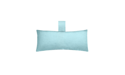 The light blue Autograph Headrest Pillow by Ledge Lounger, made from marine-grade fabric with a loop handle at the center, is ideal for in-pool relaxation and adds comfort against a plain white backdrop.