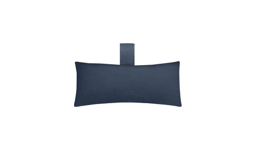 The Ledge Lounger Autograph Headrest Pillow, crafted from marine-grade fabric, is a rectangular, dark blue pillow with a short strap at the top. Its perfect for in-pool relaxation and is pictured centered against a plain white background.