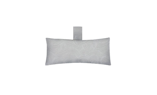 The Autograph Headrest Pillow by Ledge Lounger is a rectangular pillow made with marine-grade, light gray fabric featuring a swirling wave pattern. It includes a strap for easy hanging and has a plain white background, perfect for relaxing in the pool.