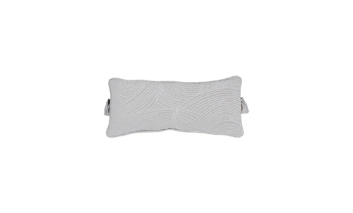 The Signature Headrest Pillow by Ledge Lounger is a light gray, rectangular memory foam pillow featuring an intricate swirling pattern. It has soft texture, side handles for easy carrying, and customizable options to enhance your in-pool relaxation.