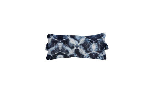 The Signature Headrest Pillow by Ledge Lounger features a rectangular design with dark navy and light blue abstract tie-dye on a white background, ideal for pool relaxation with customizable options to match your style.