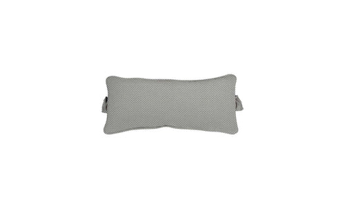 The Signature Headrest Pillow by Ledge Lounger is a rectangular lumbar pillow with gray small polka dots, slightly curved edges, and two side straps. Its perfect as a headrest and customizable for personalization. The plain white background enhances its chic design.