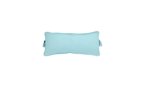 The Signature Headrest Pillow by Ledge Lounger is rectangular and light blue, featuring matching ties on each side, set against a plain white background.