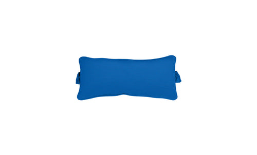 The Ledge Lounger Signature Headrest Pillow, featuring a blue rectangular design with slightly curved edges, rests against a white background, ideal for pool relaxation.