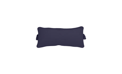 The Signature Headrest Pillow by Ledge Lounger, a dark blue rectangular lumbar support cushion with curved edges, offers comfort and elegance against a white background.