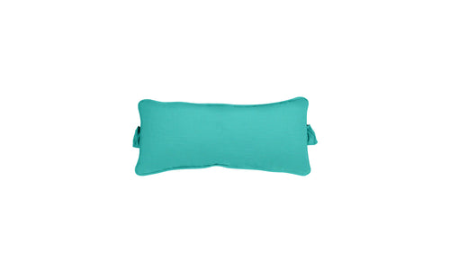 The Signature Headrest Pillow by Ledge Lounger, seen against a white background, boasts a rectangular turquoise design. Its smooth texture and subtle piping enhance its plumpness and support, making it ideal for in-pool relaxation.