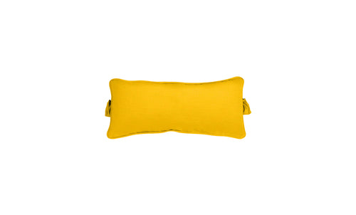 The Signature Headrest Pillow by Ledge Lounger is a rectangular yellow pillow with short tassels on each corner, ideal as a headrest. Set against a plain white background, it offers customizable options for an elevated in-pool lounging experience.