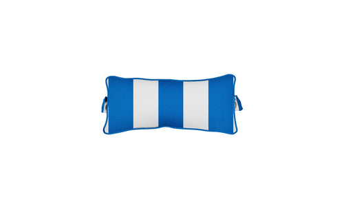 The Ledge Lounger Signature Headrest Pillow is a rectangular in-pool relaxation accessory featuring alternating blue and white vertical stripes on a white background, with blue-outlined edges and small blue handles on each side.