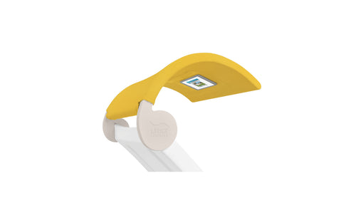 The Signature Chaise Shade by Ledge Lounger is a modern yellow poolside umbrella with a business card holder. Its curved design and white framework feature the Ledge Lounger logo, offering style and shade.