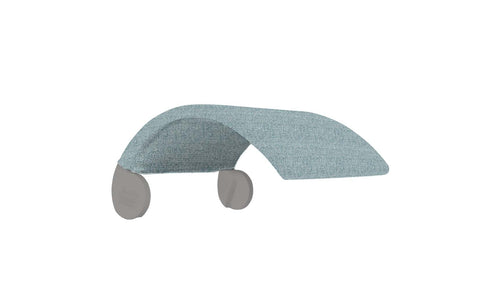 The Ledge Loungers Signature Chair Shade, with textured fabric in muted teal, features two curved components on circular bases. It resembles a minimalist sculpture, perfect as modern furniture for an in-pool tanning ledge.