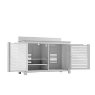 The Ledge Lounger Mainstay Bar Credenza, shown with both doors open to reveal multiple shelves and a vented design, makes an ideal patio storage solution or outdoor bar against a plain white background.