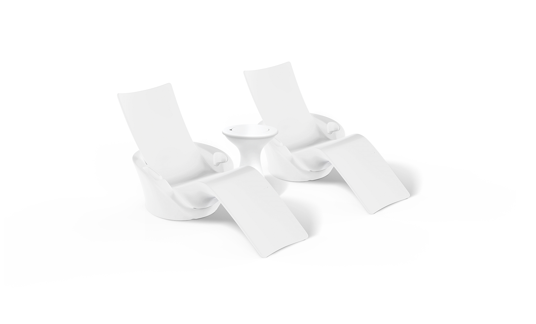 The Ledge Lounger Autograph Chaise Island Lounge Set features two modern white chaise chairs with curved seats and built-in leg rests, set side by side with a small circular white table, all on a plain white background.