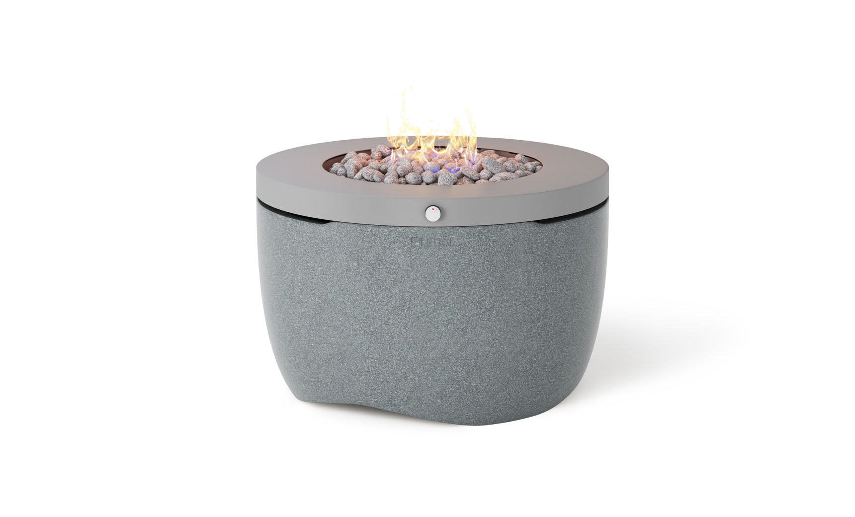 The Ledge Lounger Halo Firepit enhances outdoor ambiance with its round, modern design featuring a smooth gray stone base and stainless steel top. It has small rocks with visible flames and a pivot-glide lid for easy access, all set against a plain white background.