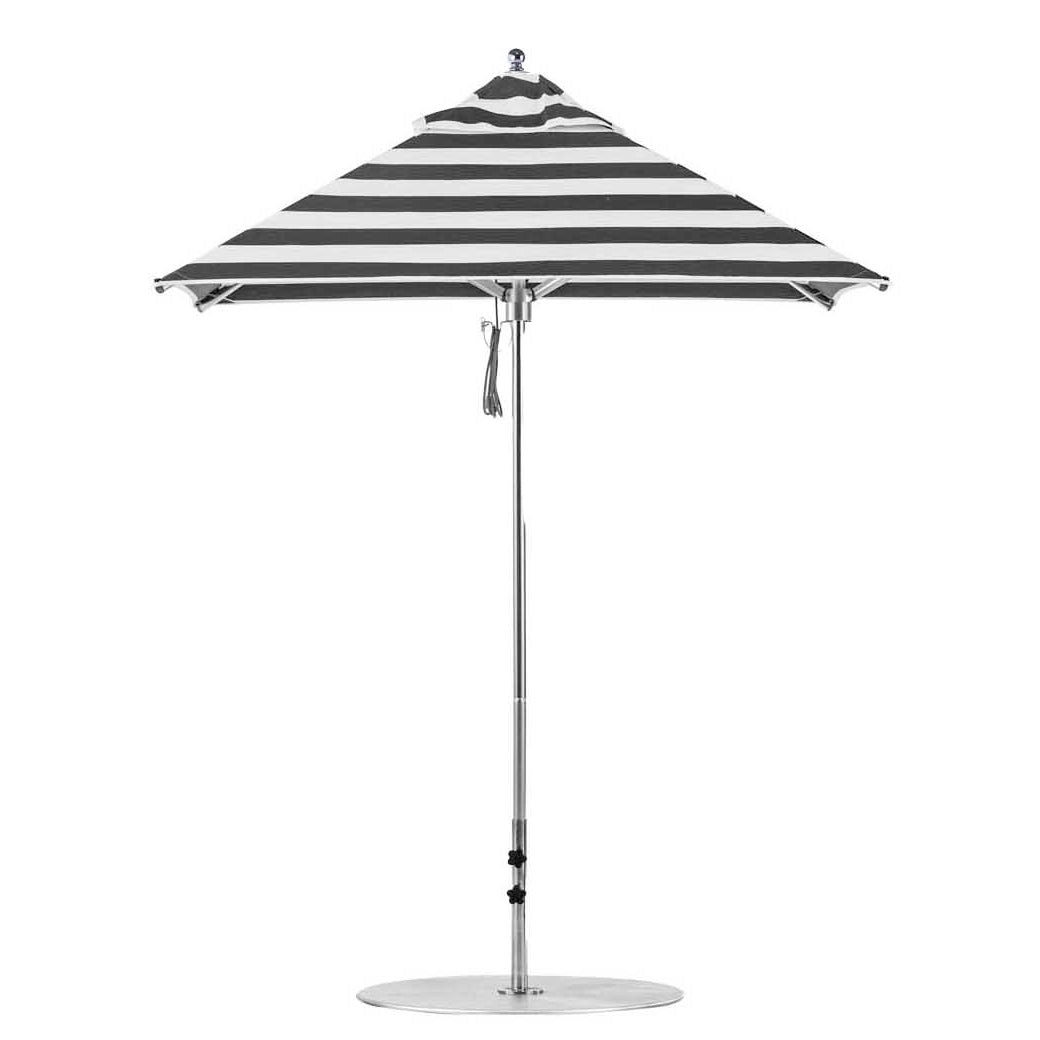 The Ledge Lounger Premier Aluminum Umbrella - 6.5 Square Pulley, a wind-resistant outdoor accessory, features a sleek black-and-white striped canopy made from marine-grade fabrics and an aluminum pole. Its round base makes it perfect for providing shade in any patio or garden setting.