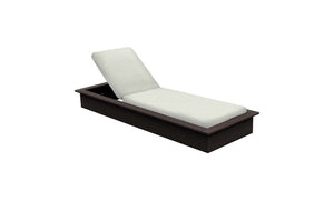 The Echo Chaise from Ledge Lounger is an adjustable chaise lounger crafted from brown wood with white cushions, featuring a rectangular base and a slightly elevated backrest. Ideal for enhancing outdoor spaces, its beautifully set against a plain white background.