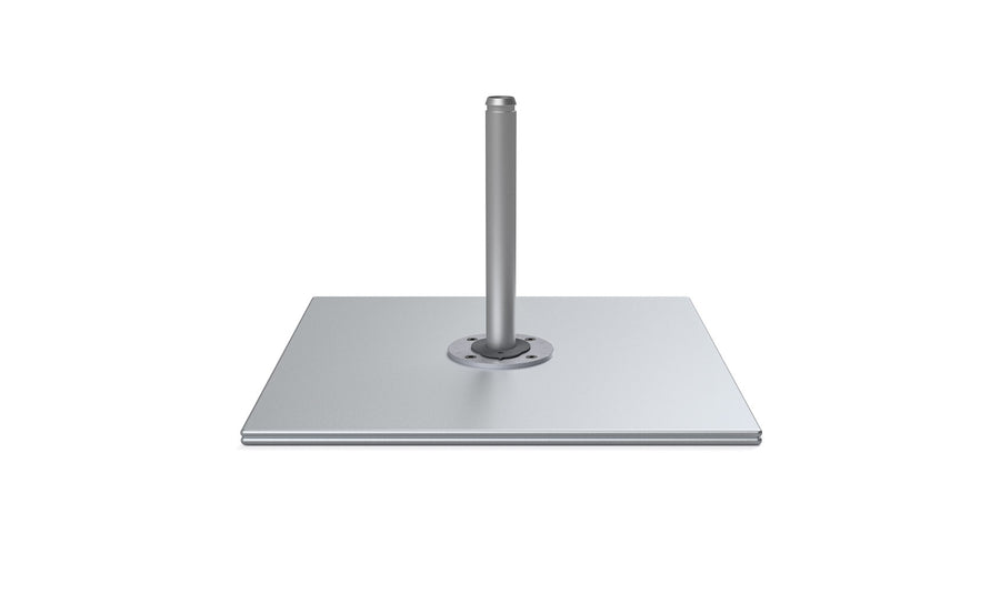 The Ledge Lounger Galvanized Steel Plate Stack Cantilever Base features a sleek, shiny rectangular design with a central cylindrical pole, ideal for securing or mounting items like cantilever umbrellas.