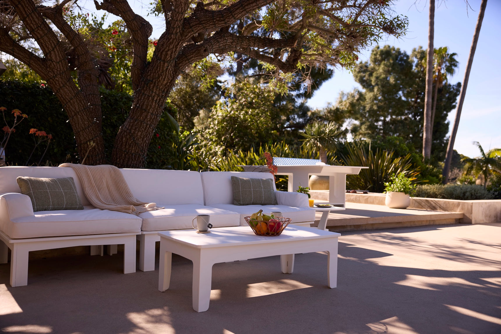 The Ledge Lounger Mainstay Sectional 3 Piece Sofa, with green pillows and a beige throw, sits under a large tree beside a white coffee table holding fruit and a cup, surrounded by lush greenery on the sunny patio.