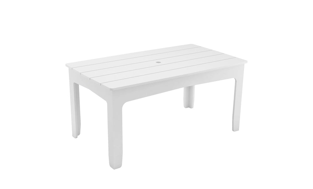 The Ledge Lounger Mainstay Rectangular Dining Table is designed for outdoor dining, featuring a slatted top, four straight legs, and a minimalist style with a center hole for umbrella sleeves. Its smooth, slightly glossy white surface is ideal for alfresco meals.