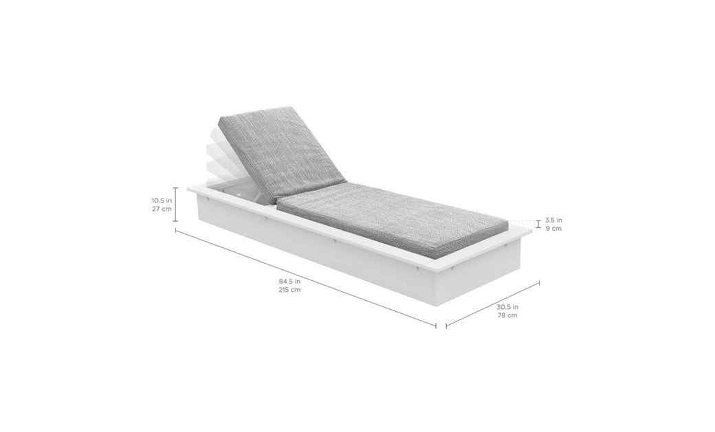 The Echo Chaise by Ledge Lounger, featuring a white adjustable frame and grey cushions, enhances any outdoor space. Its dimensions are 84.5 (215 cm) long, 30.5 (78 cm) wide, 10.5 (27 cm) high with a backrest height of 31.5 (79 cm), all set against a white background.