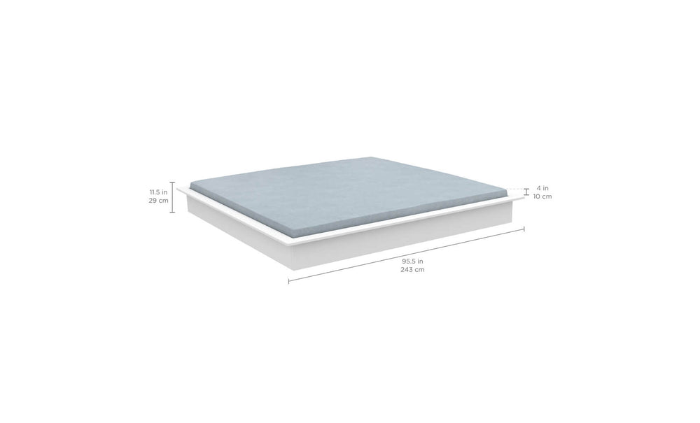 A 3D rendering of Ledge Loungers Echo Sunbed features a light blue mattress on a white base, perfect for relaxation. The base measures 95.5 x 115 inches, and the mattress height is 4 inches, making it ideal for any outdoor space.