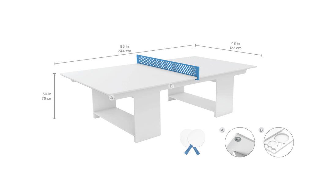 The Ledge Lounger Table Tennis Set is a white outdoor table measuring 96x48x30 (244x122x76 cm). Insets show ball holders and paddle storage beneath the table.