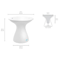 A white, hourglass-shaped table with dimensions labeled: 21 inches (53 cm) wide, 20 inches (51 cm) tall, and a base of 14.5 inches (37 cm). A diagram shows a 17.5-inch (45 cm) diameter inner ice bin, 13.5 inches (34 cm) deep.